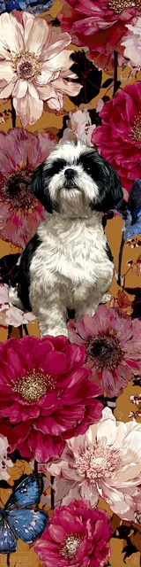Free printable dog bookmark featuring red and gold black and white shih tzu
